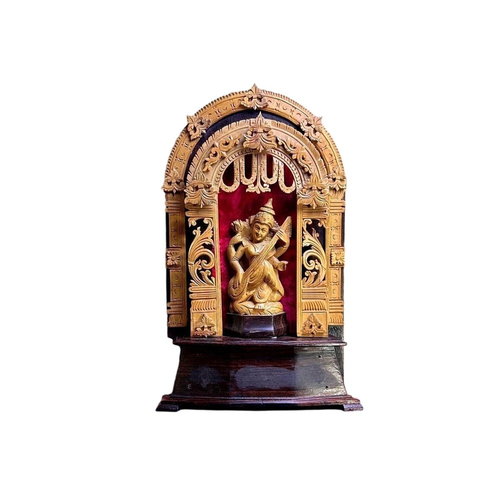 Large Saraswati Shrine Carved Temple Sculpture Wood 13.5" Velvet Backing Vintage